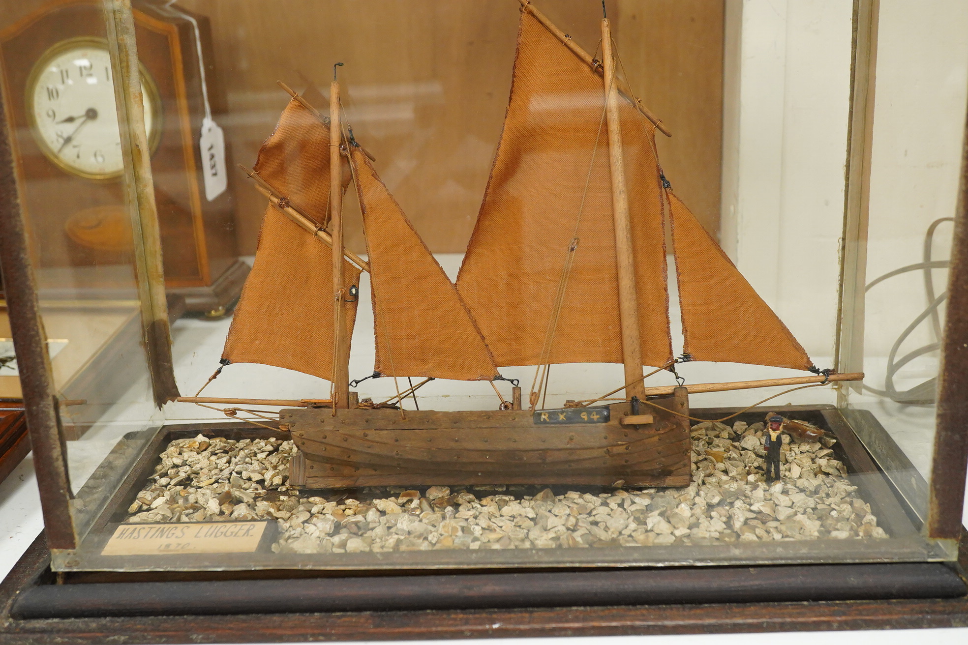 A cased scratch built model of a Hastings lugger of 1870, 40cm wide